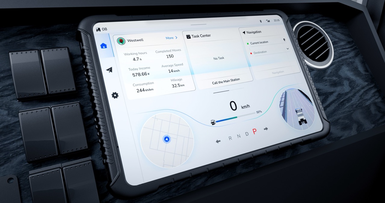 In-cab display of an electric terminal tractor demonstrating smart electrification solutions for modern ports